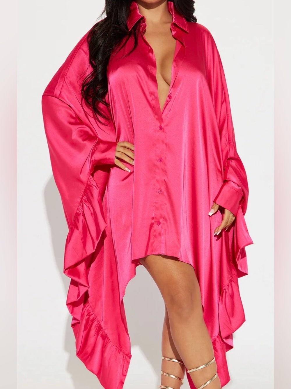 WoWo 1X Satin mini shirt, dress Button Down with flared fat wing sleeves